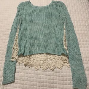 Women's Aqua Blue Sweater with Cream Crochet Lace Back